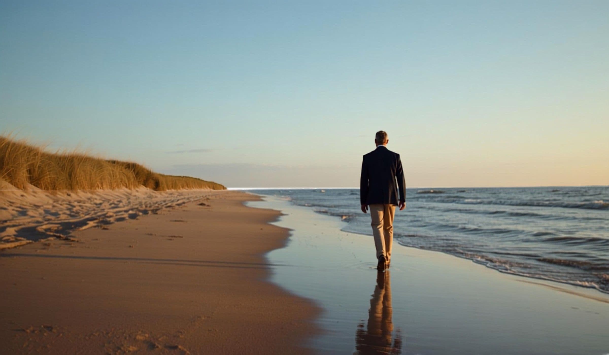 Coach op een rustig Nederlands strand in warm ochtendlicht